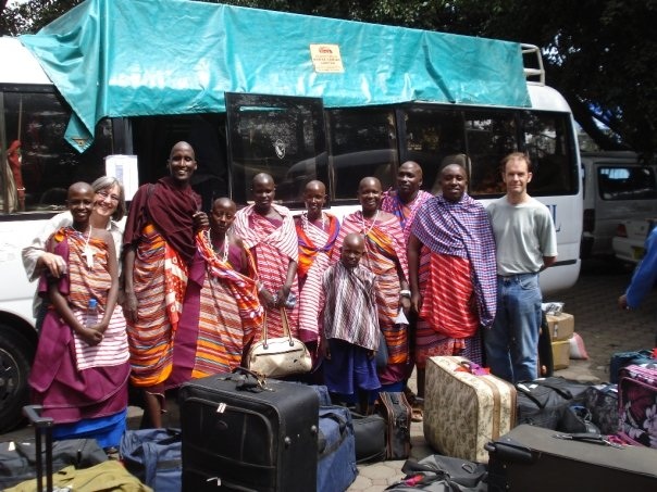 The Maasai En-kata Choir, at the bus, ready to start their long journey to America!