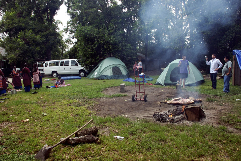 Setting up camp for the first time, and roasting some goat!